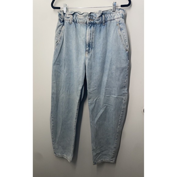 Zara Denim - Zara Womens Blue Jeans Size 10 Light Wash Denim Ruffle Paperbag Waist Tapered